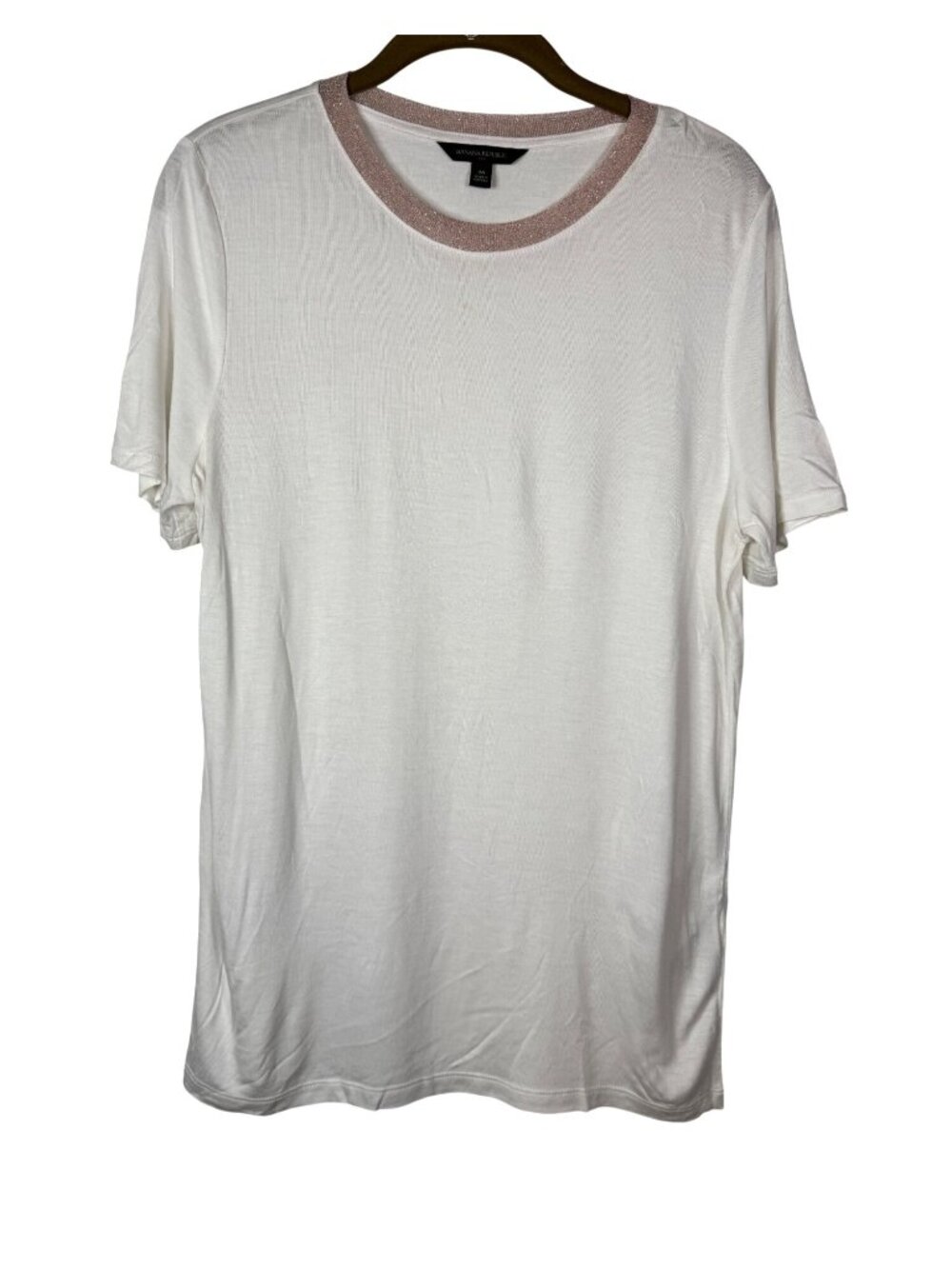 Banana Republic Medium White Short Sleeve Metallic Pink Trim Minimalist Old Mone